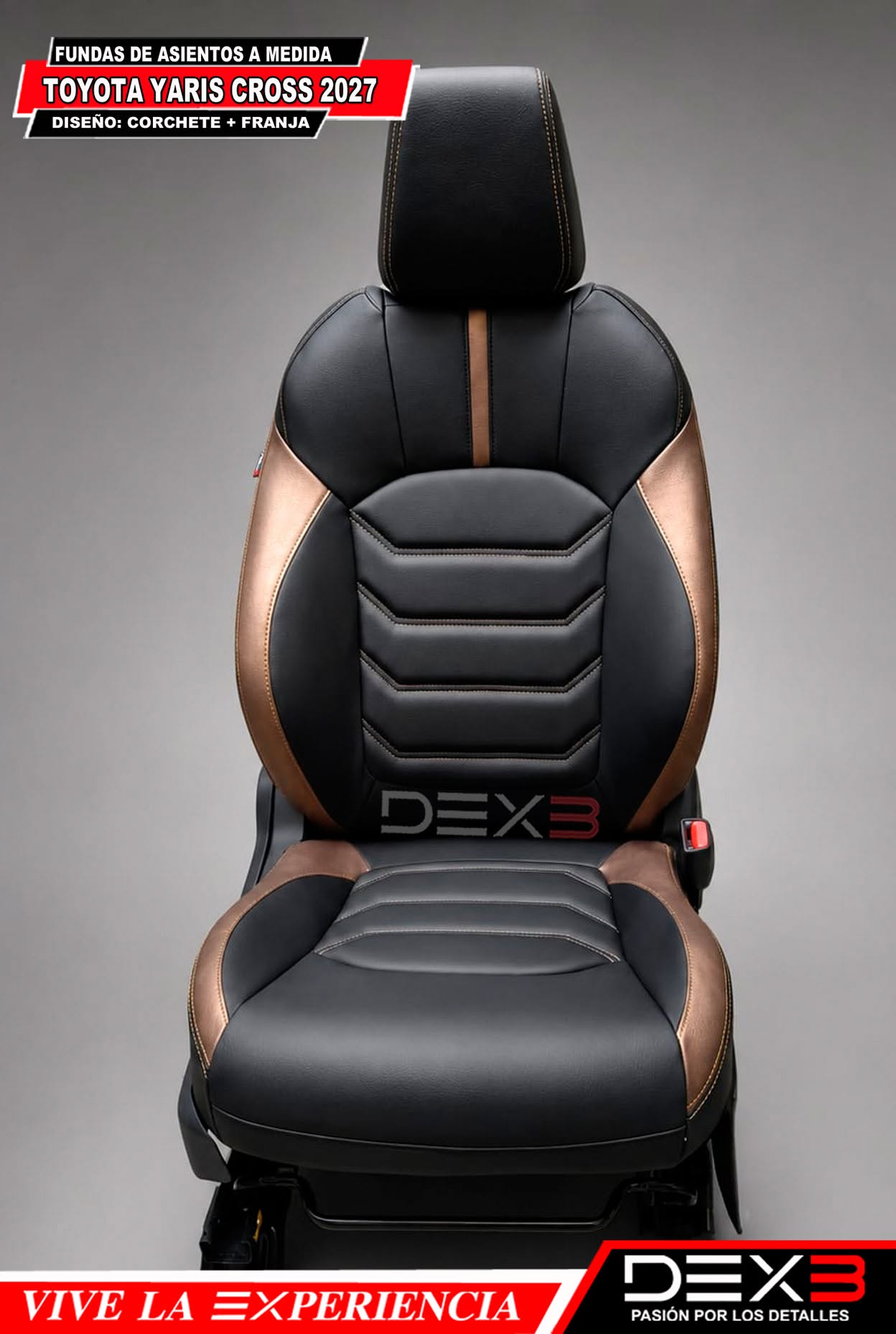 Asiento delantero negro con paneles color cobre y costuras en contraste.