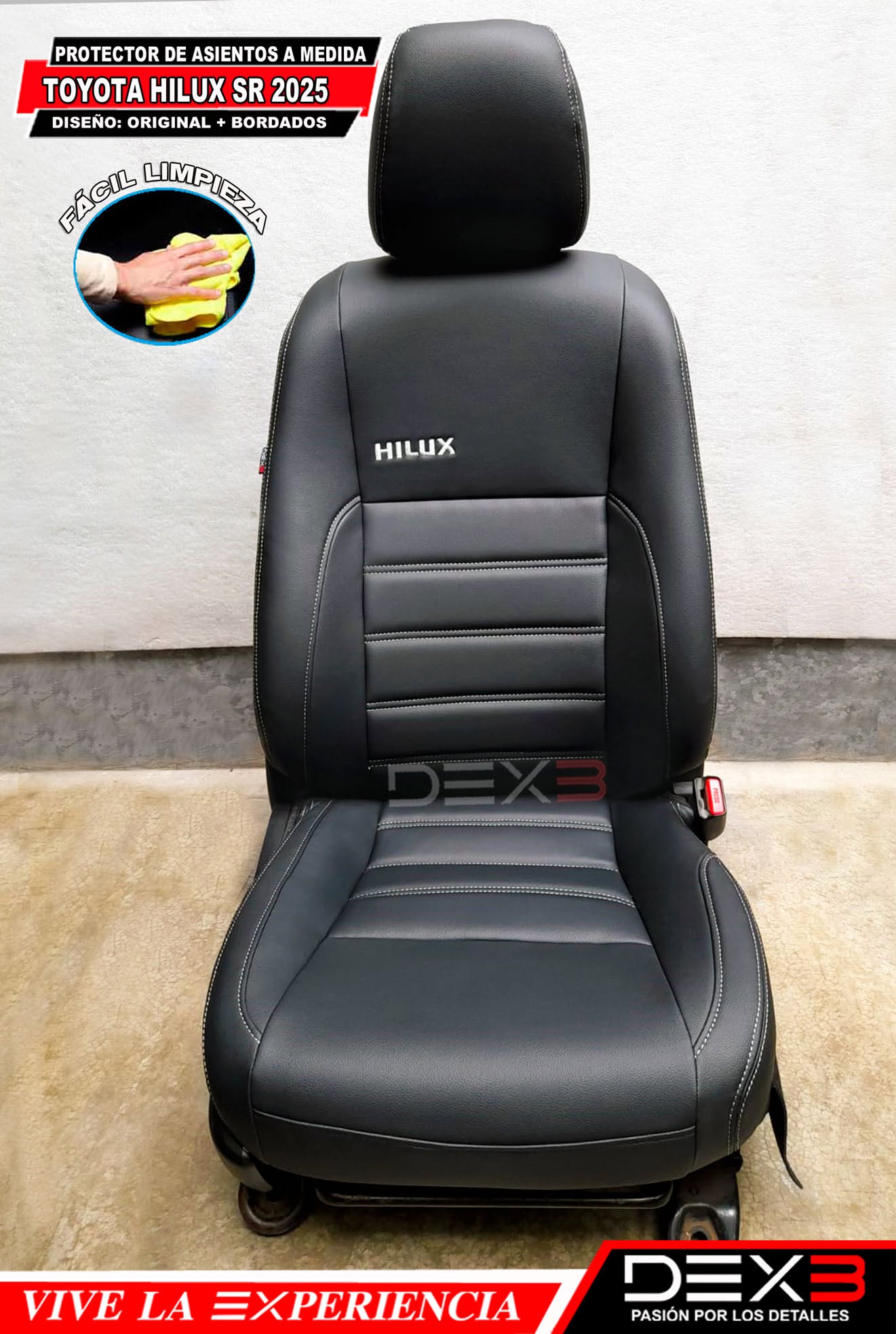 Asiento delantero con costuras geométricas en tono marrón.