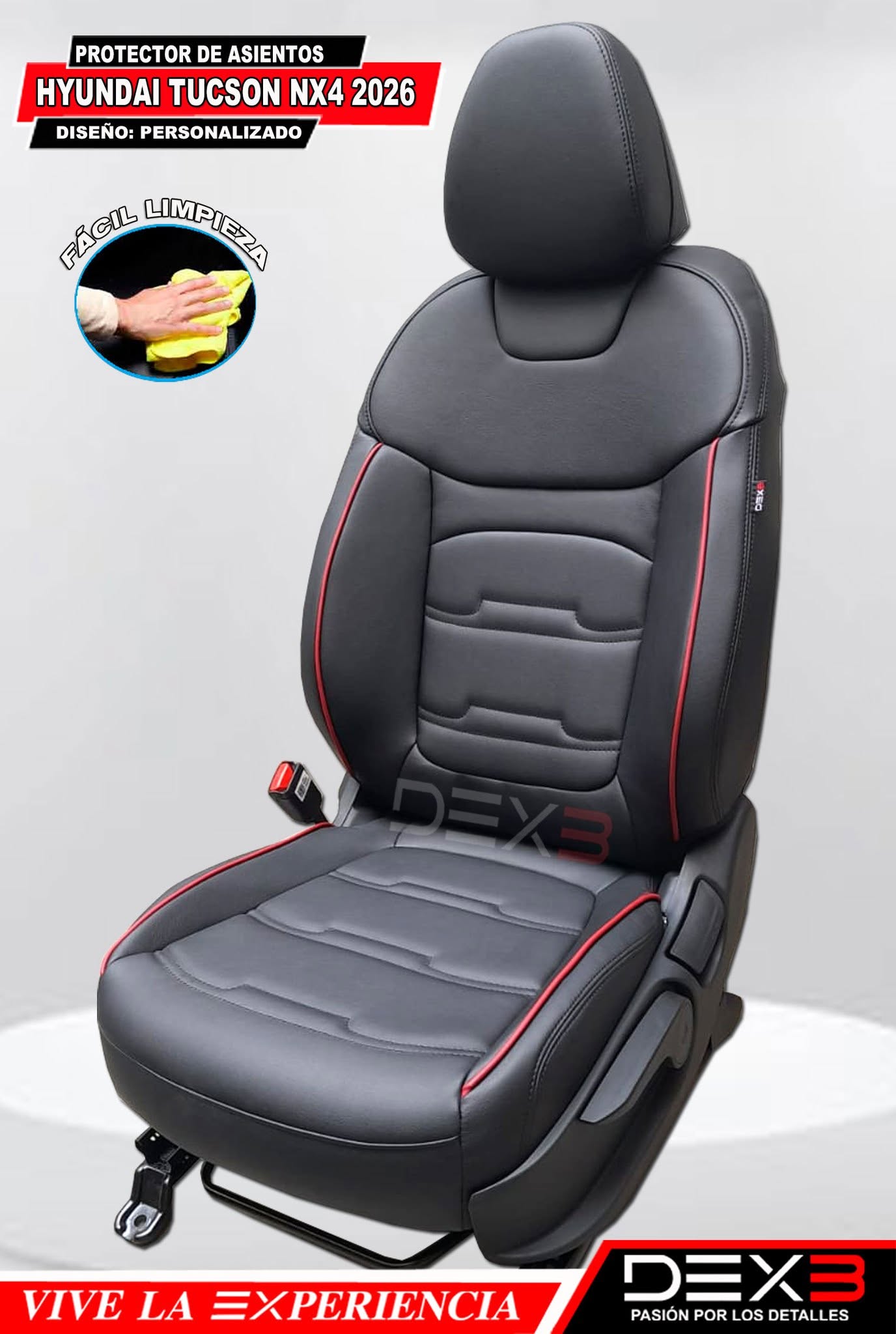 Asiento delantero con centro perforado y costuras rojas.