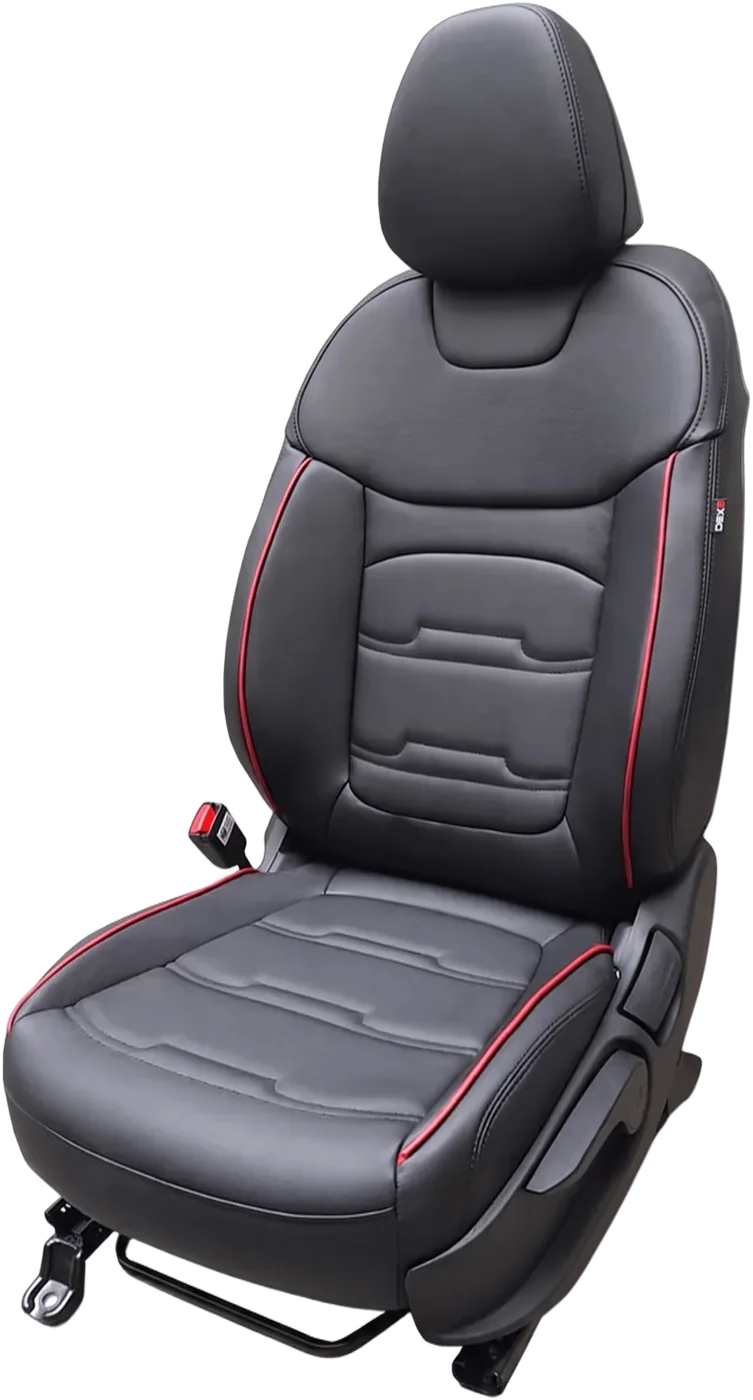 Protector de asiento negro con paneles acolchados y un vivo rojo en el borde, para Hyundai Tucson.