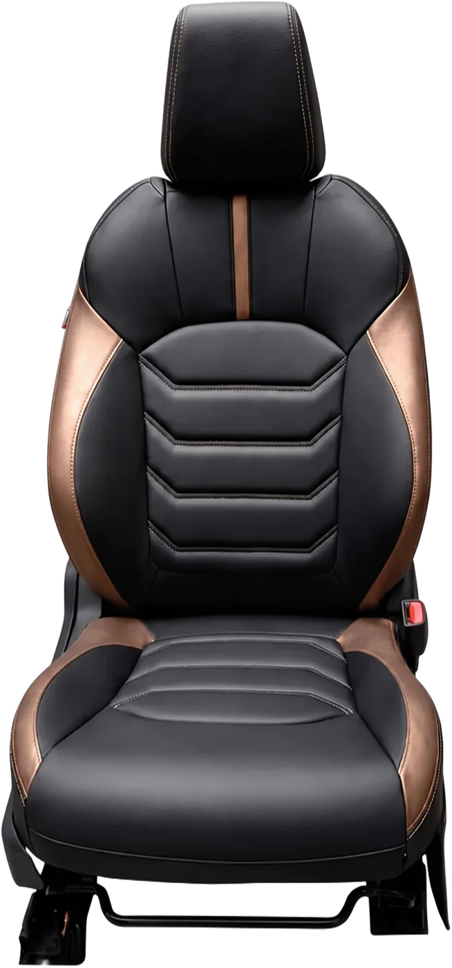 Funda de asiento negra con laterales color cobre y paneles horizontales en corchete, para Toyota Yaris Cross.