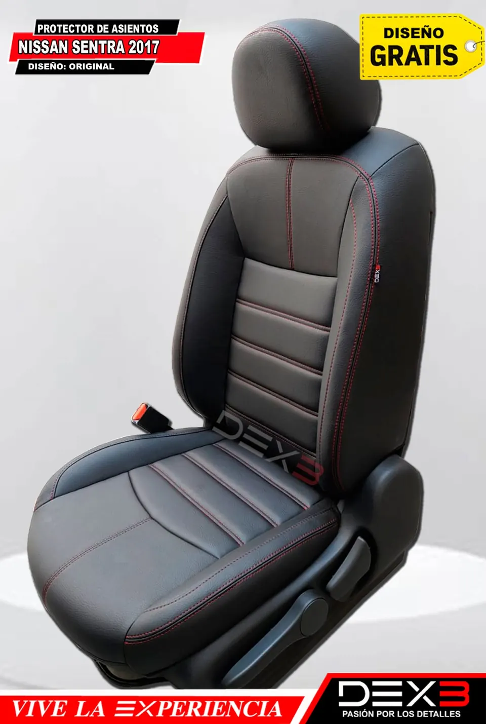 Protector de asiento negro con costuras rojas en paneles horizontales.