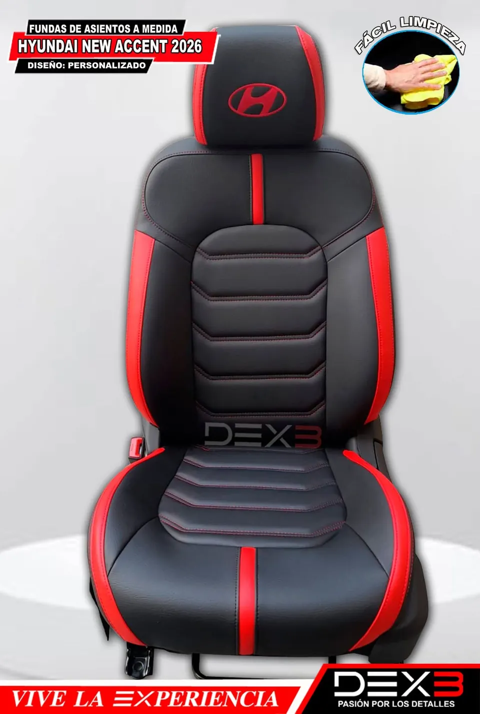 Funda de asiento negra con franjas rojas y el logo Hyundai bordado en el apoyacabezas.