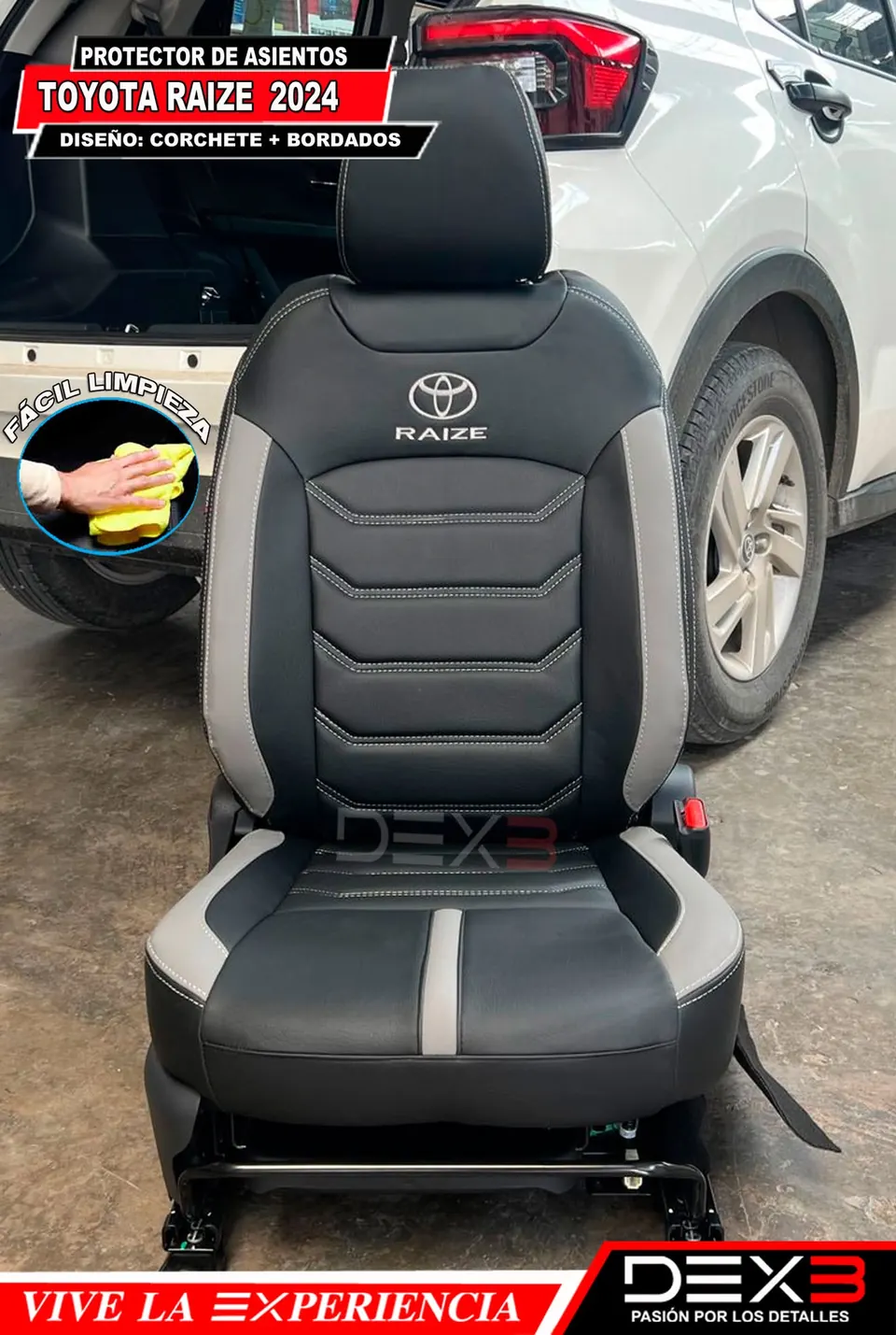 Protector de asiento negro y gris con la palabra Raize bordada, instalado junto al vehículo.