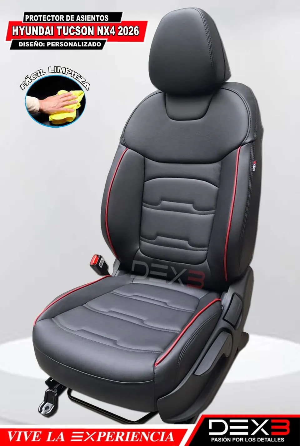 Protector de asiento negro con paneles acolchados y vivos rojos para Hyundai Tucson.