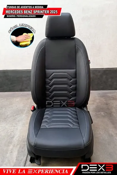 Asiento automotriz individual con funda a medida en color negro y diseño acolchado con costuras lineales para Mercedes Benz Sprinter.