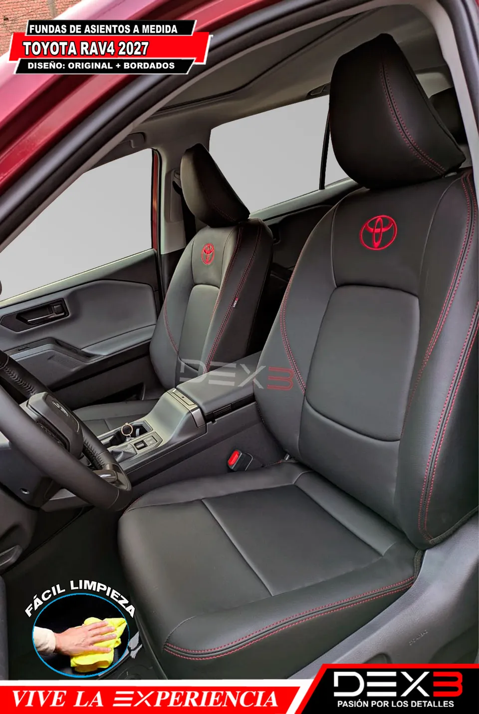 Interior de Toyota RAV4 con fundas de asientos a medida en color negro con costuras rojas y bordados del logotipo de Toyota en los respaldos