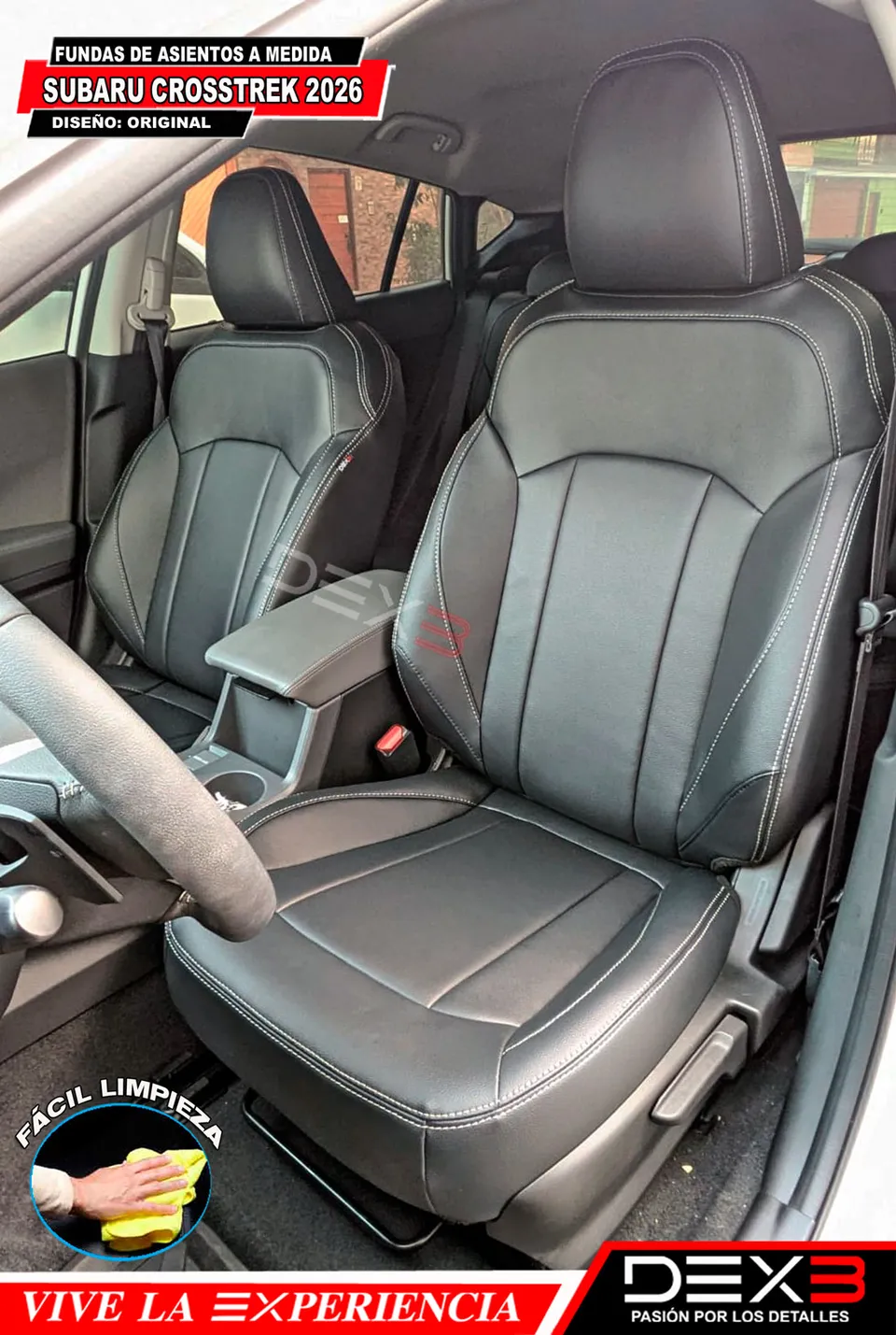 Interior de Subaru Crosstrek con fundas de asientos a medida de diseño original en color negro y costuras blancas.