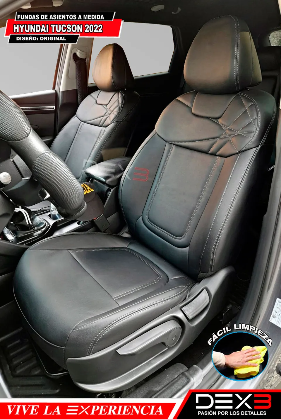 Interior de una Hyundai Tucson 2022 con fundas de asientos a medida en color negro y diseño original con costuras detalladas